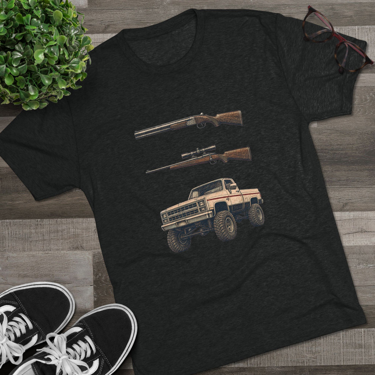 Shotgun Rifle and a Four-Wheel Drive — Vintage Pickup & Rifle Outdoors Shirt