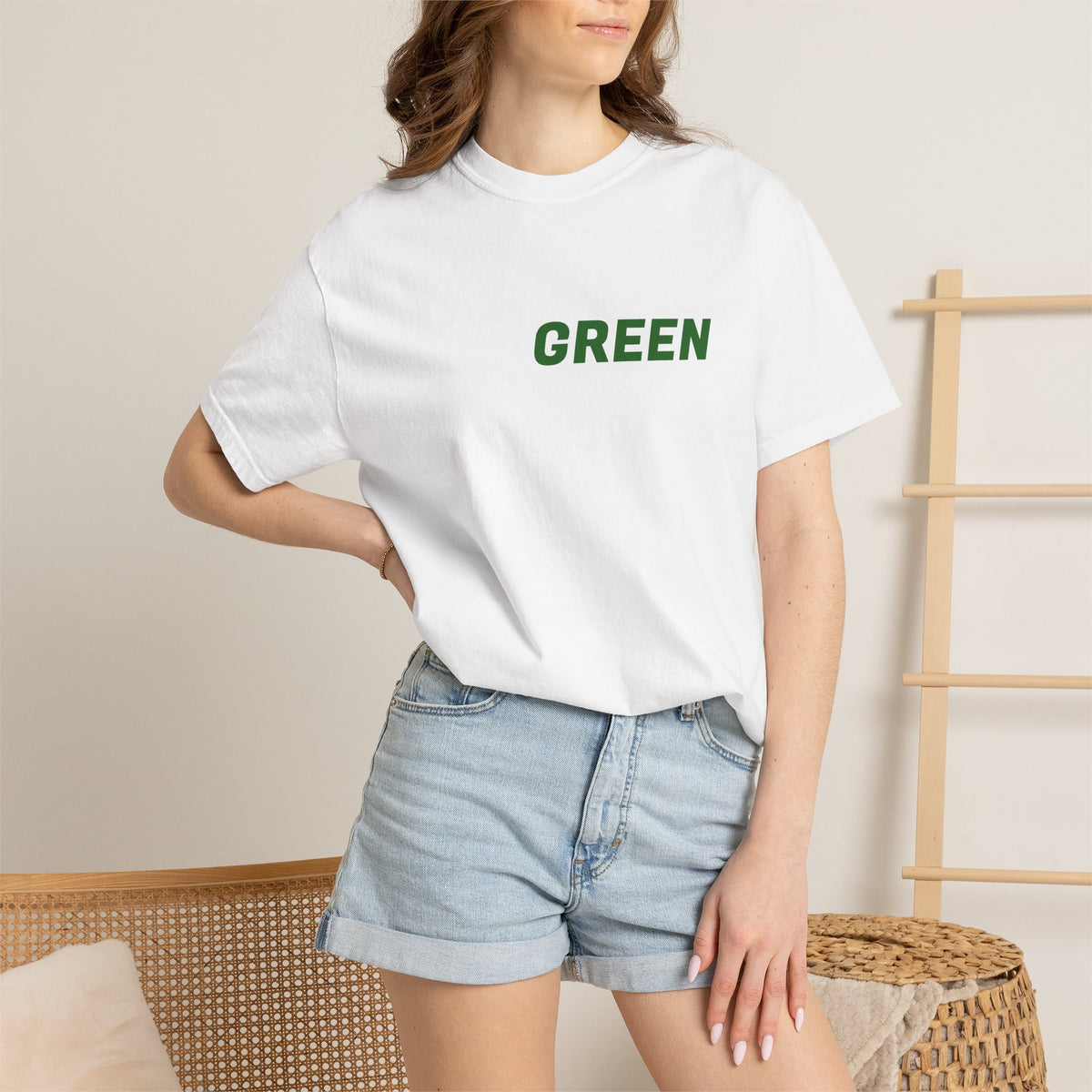 Green Minimalist T-Shirt — Front Text "GREEN" Eco-Inspired Tee