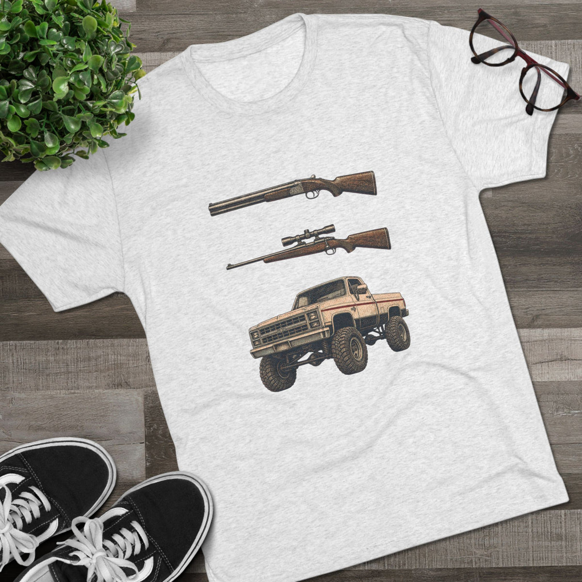 Shotgun Rifle and a Four-Wheel Drive — Vintage Pickup & Rifle Outdoors Shirt