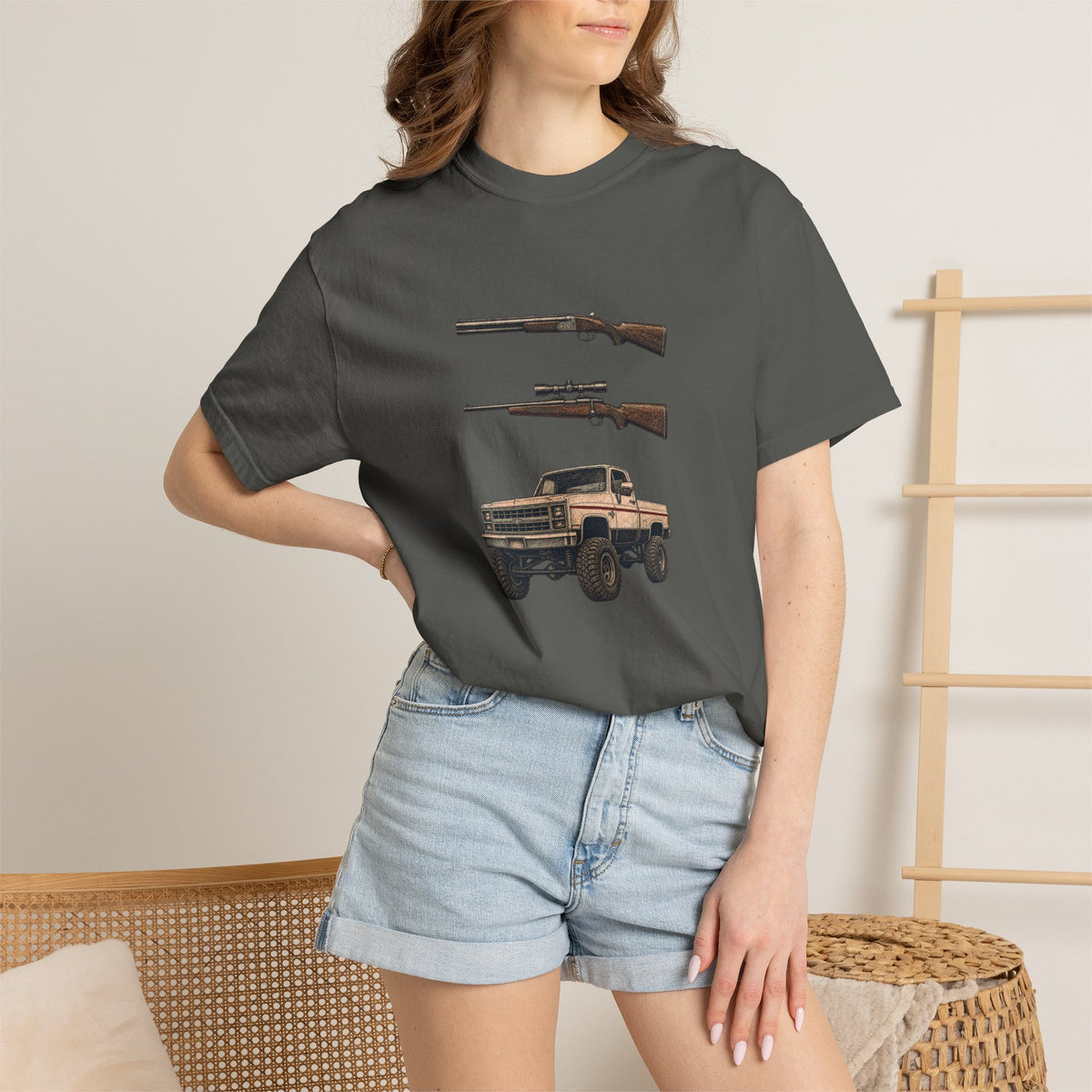 Hank Williams Jr. Shotgun Rifle and a Four-Wheel Drive. Vintage Pickup & Rifles Graphic T‑Shirt