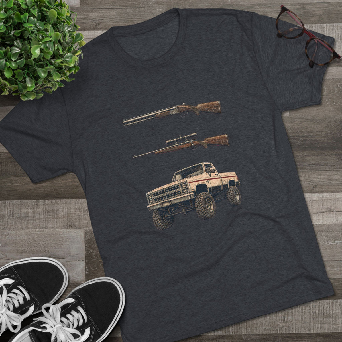 Shotgun Rifle and a Four-Wheel Drive — Vintage Pickup & Rifle Outdoors Shirt