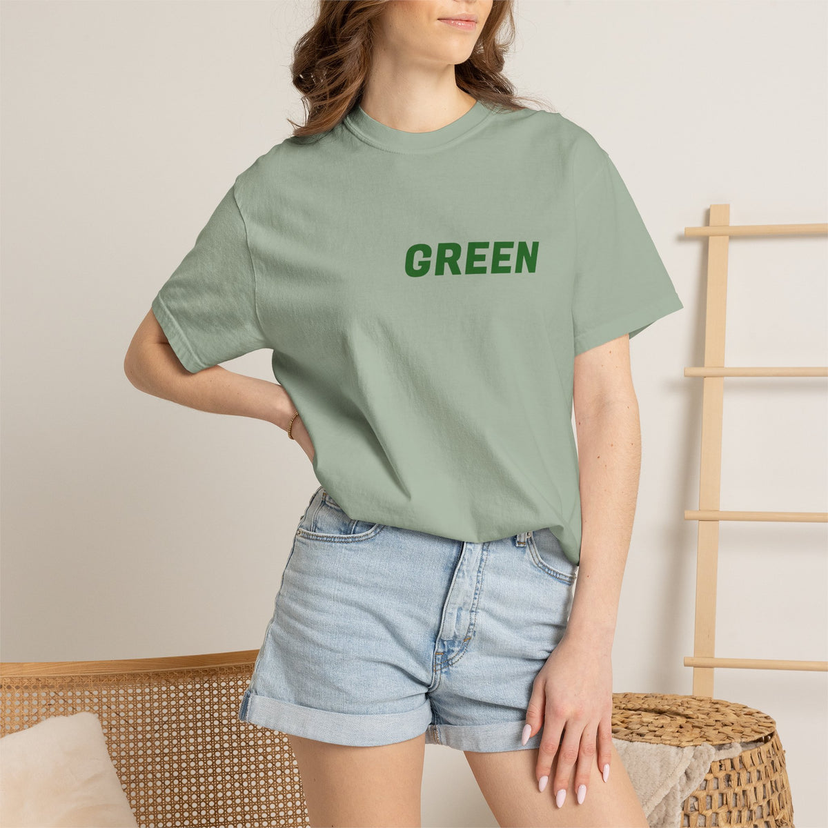 Green Minimalist T-Shirt — Front Text "GREEN" Eco-Inspired Tee