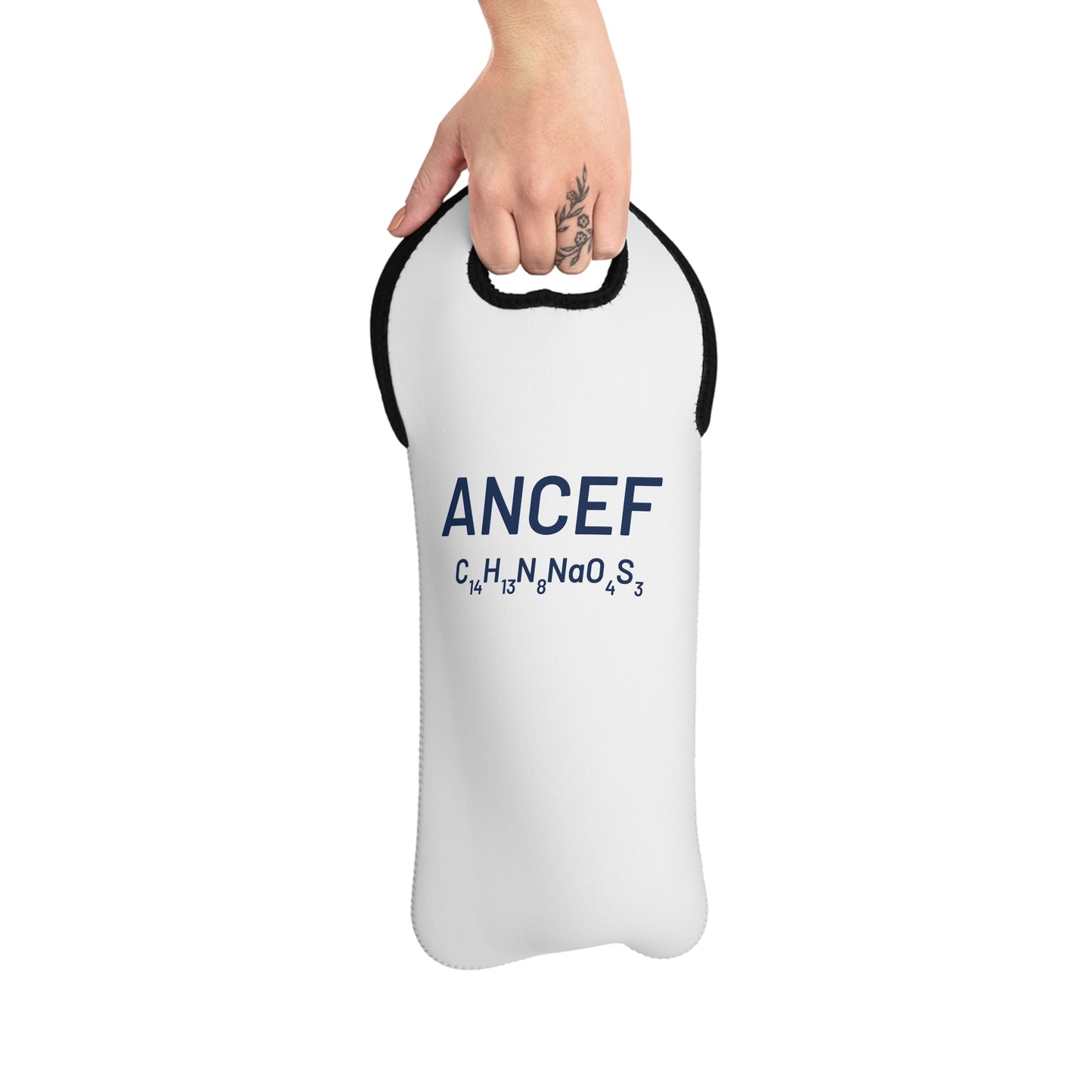 ANCEF Wine Tote — Neoprene Bottle Carrier with Molecular Formula Design