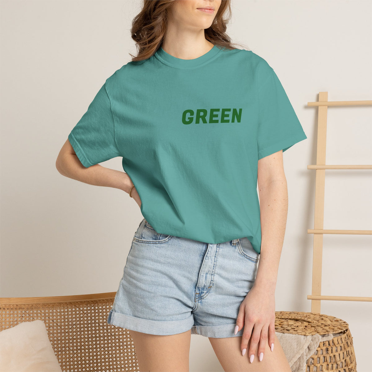 Green Minimalist T-Shirt — Front Text "GREEN" Eco-Inspired Tee