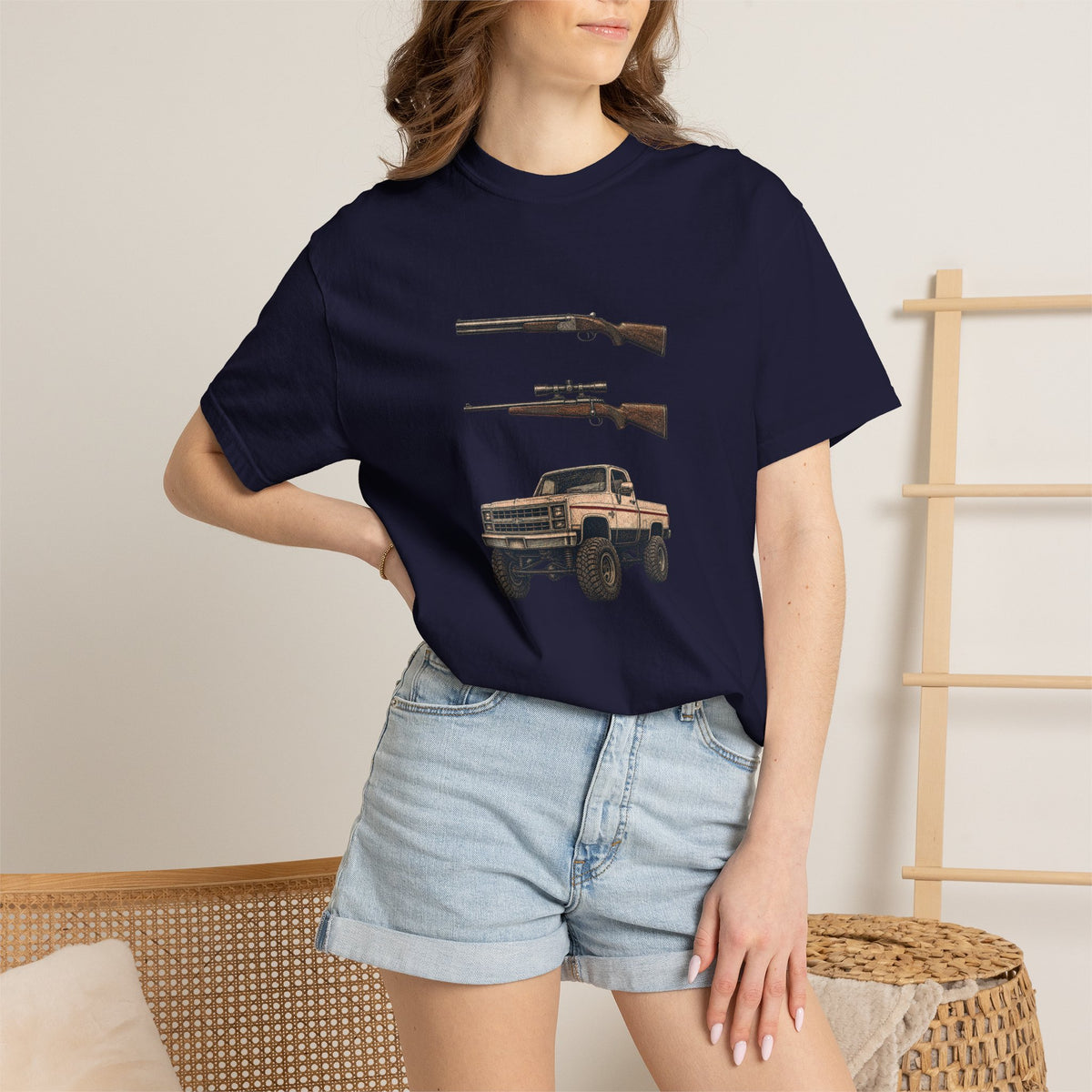 Hank Williams Jr. Shotgun Rifle and a Four-Wheel Drive. Vintage Pickup & Rifles Graphic T‑Shirt