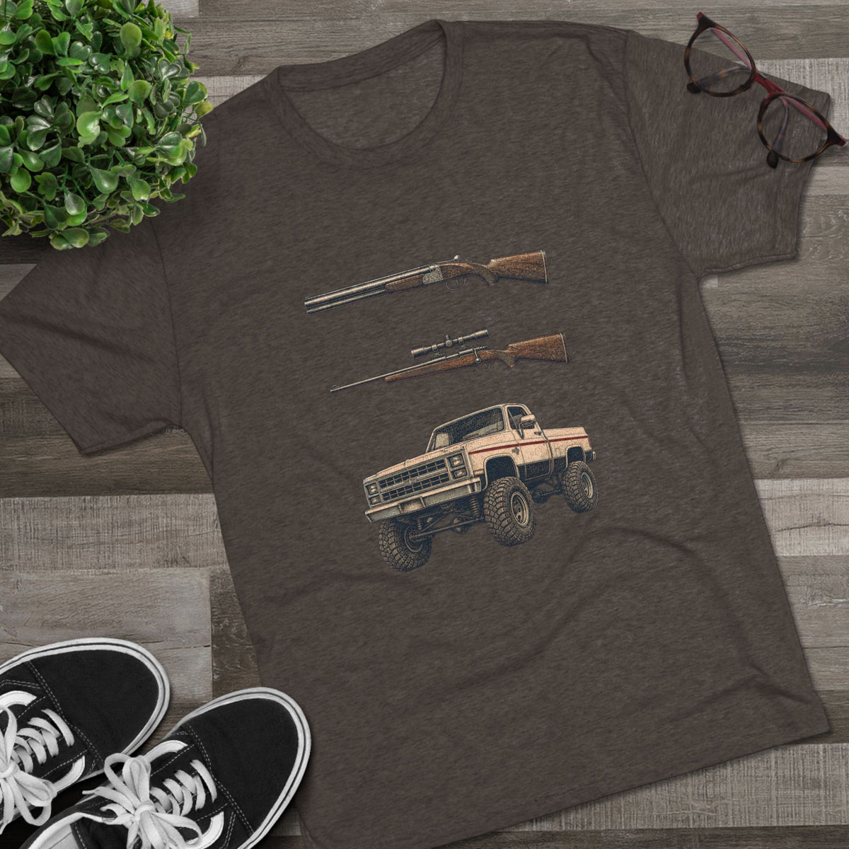 Shotgun Rifle and a Four-Wheel Drive — Vintage Pickup & Rifle Outdoors Shirt