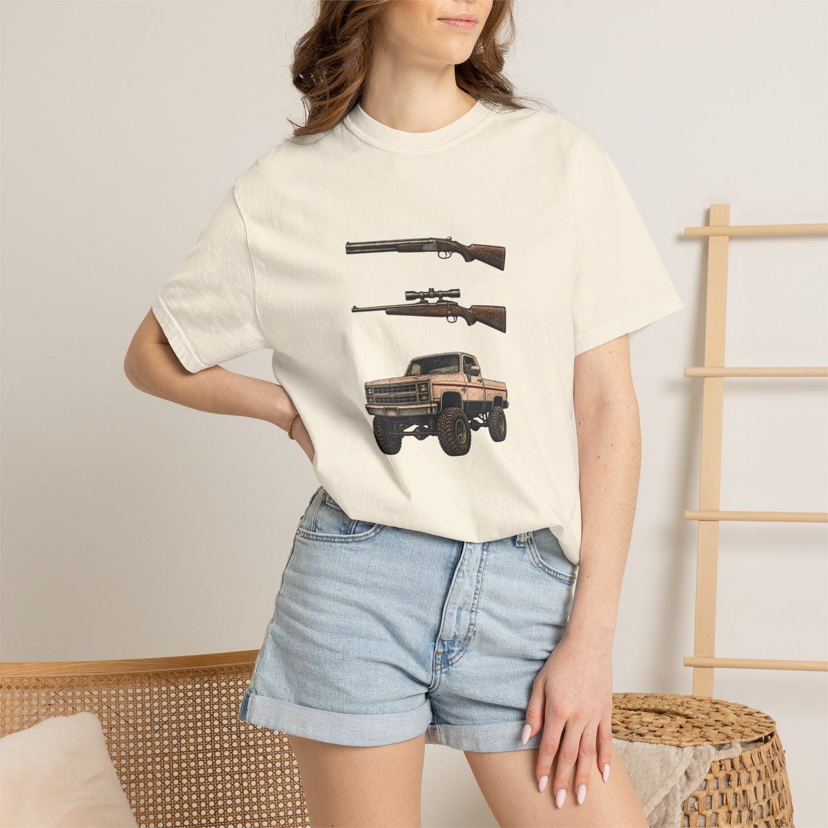 Hank Williams Jr. Shotgun Rifle and a Four-Wheel Drive. Vintage Pickup & Rifles Graphic T‑Shirt