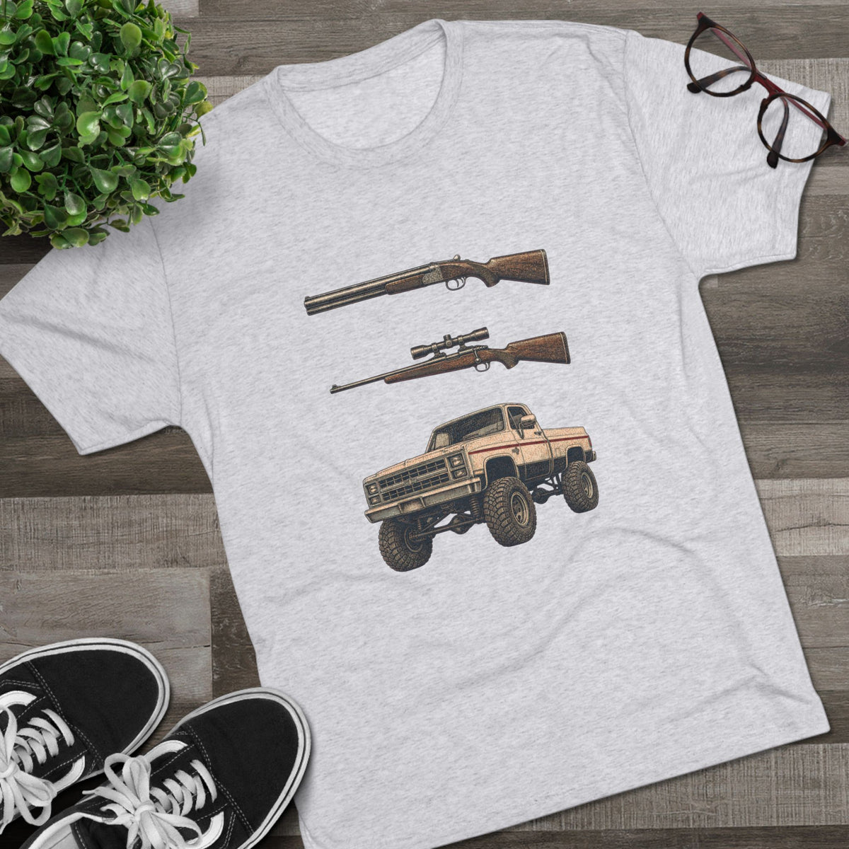 Shotgun Rifle and a Four-Wheel Drive — Vintage Pickup & Rifle Outdoors Shirt