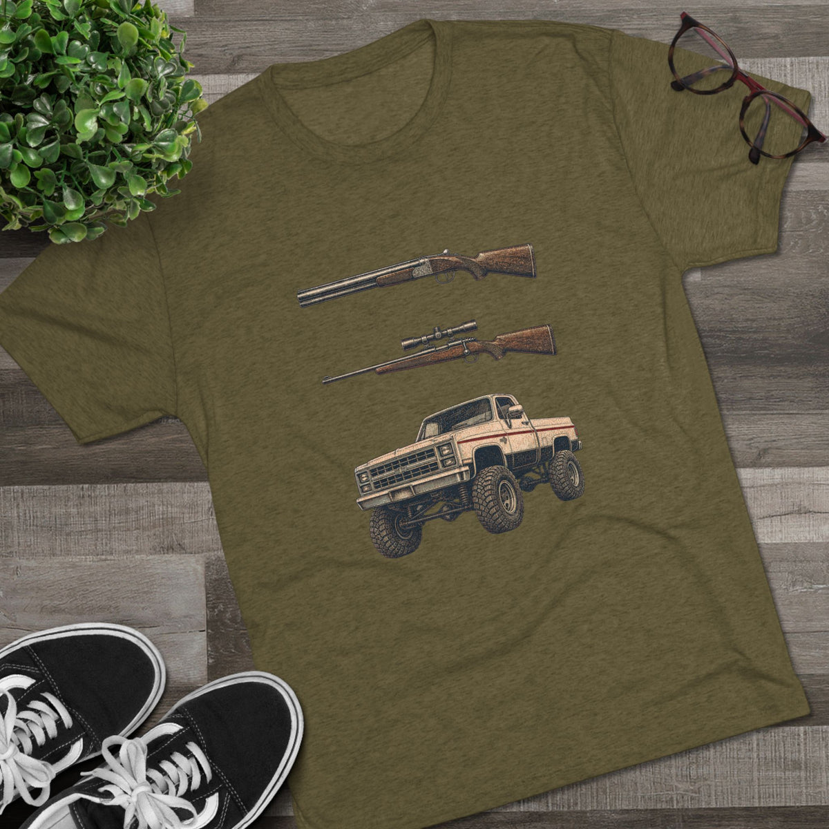 Shotgun Rifle and a Four-Wheel Drive — Vintage Pickup & Rifle Outdoors Shirt