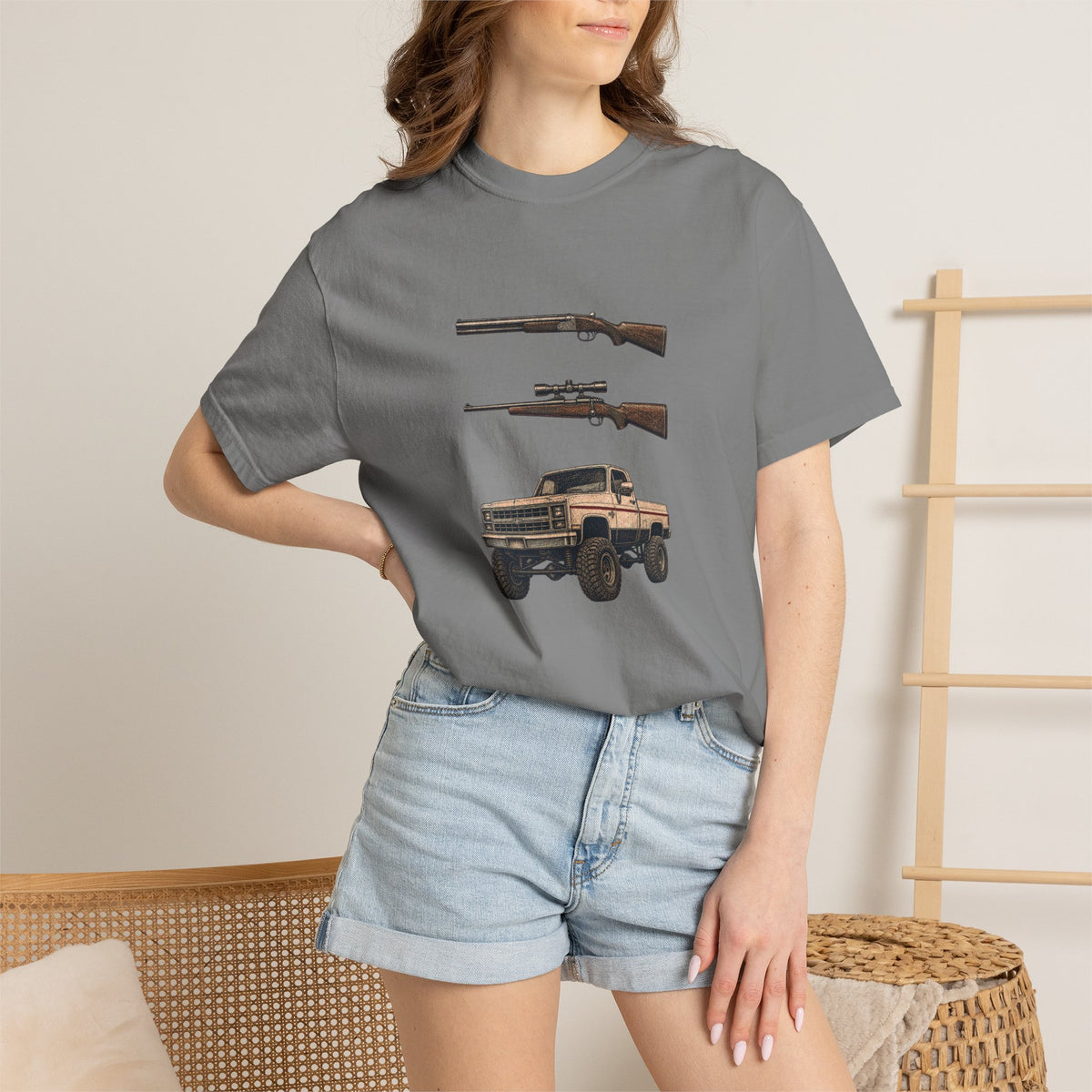 Hank Williams Jr. Shotgun Rifle and a Four-Wheel Drive. Vintage Pickup & Rifles Graphic T‑Shirt