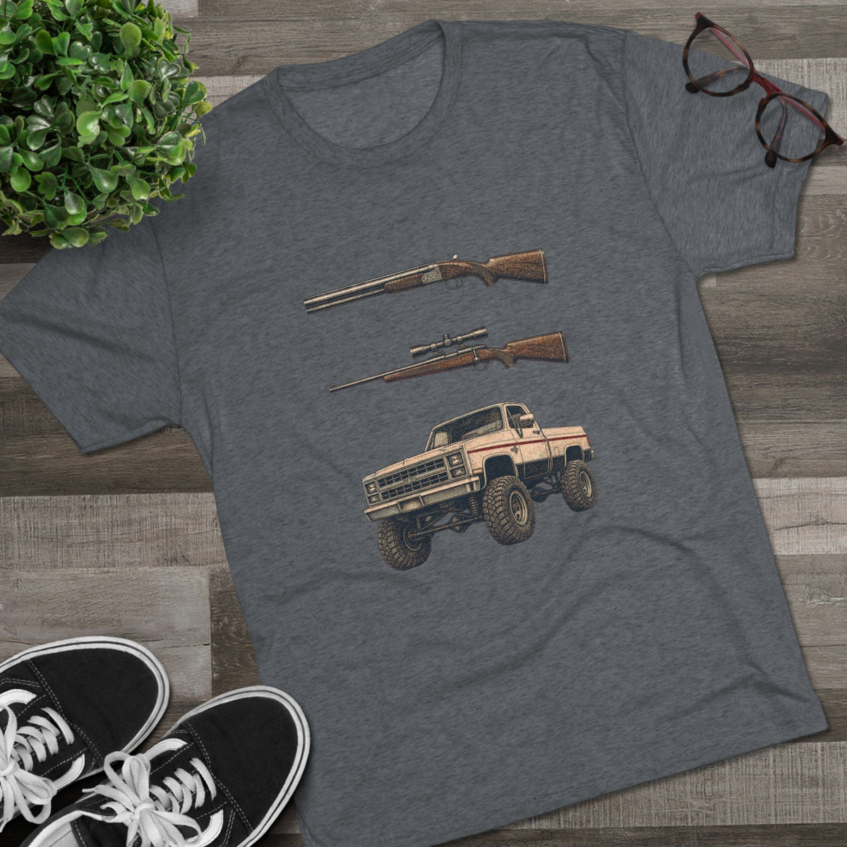 Shotgun Rifle and a Four-Wheel Drive — Vintage Pickup & Rifle Outdoors Shirt