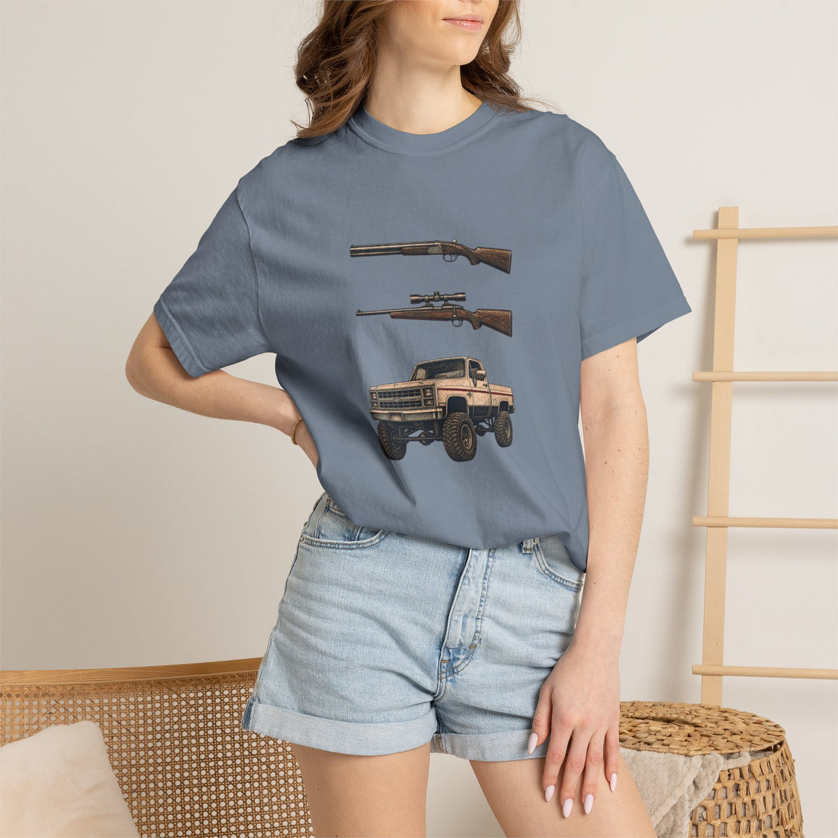 Hank Williams Jr. Shotgun Rifle and a Four-Wheel Drive. Vintage Pickup & Rifles Graphic T‑Shirt