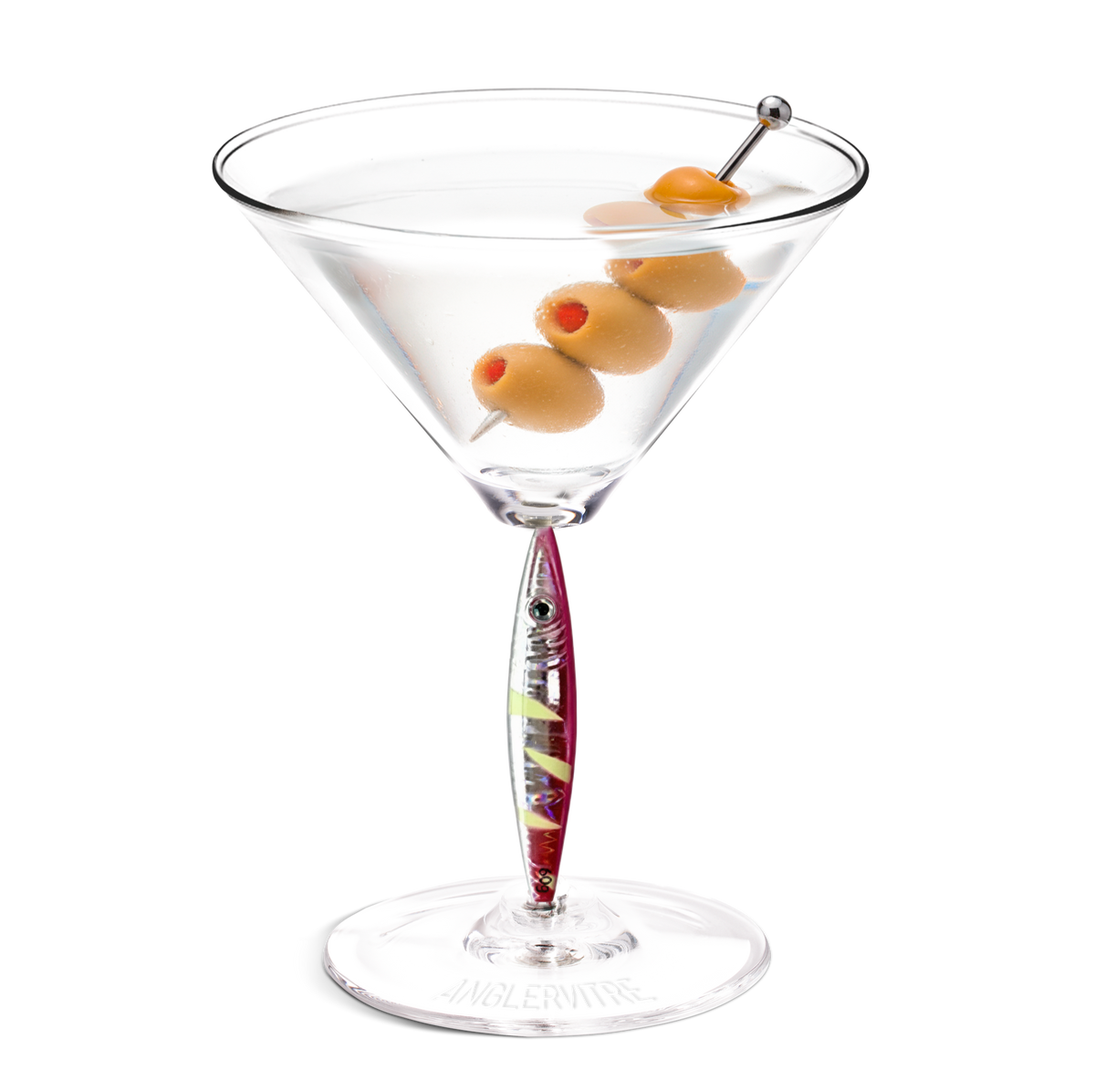 AnglerVitre martini glasses with pink fishing lure stem