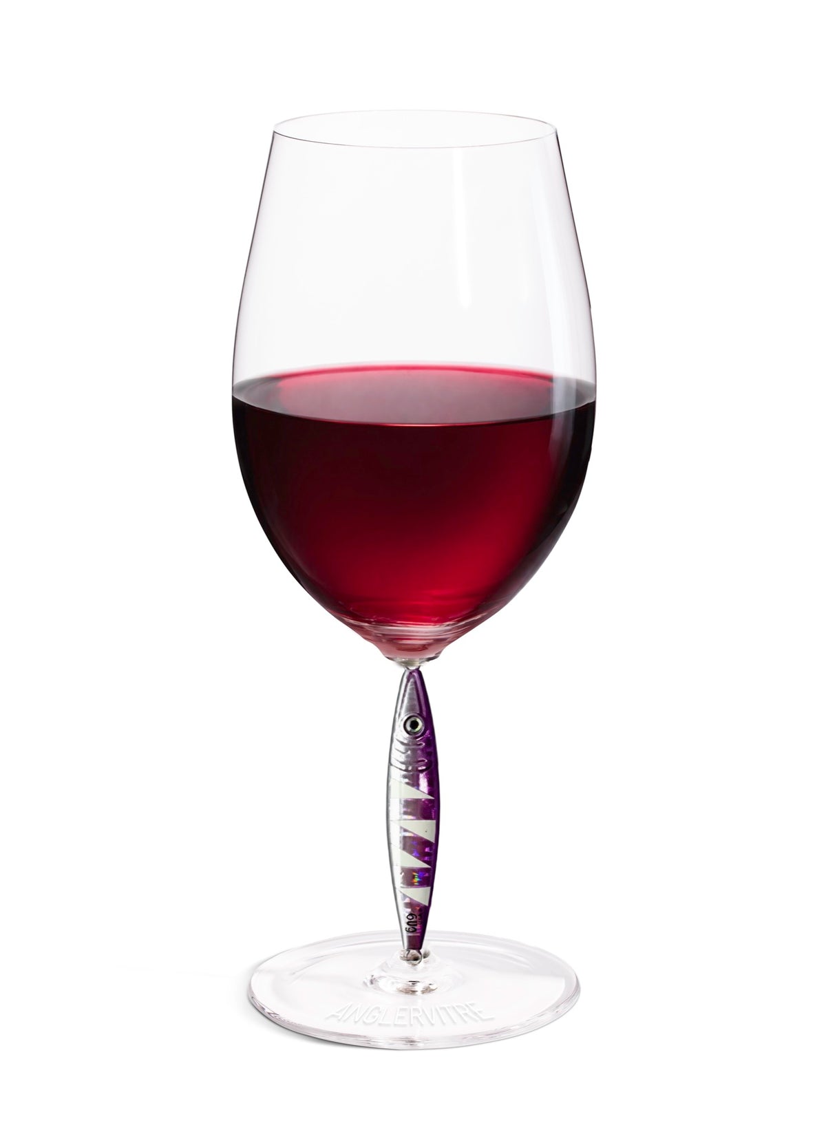 AnglerVitre wine glasses with purple fishing lure stem