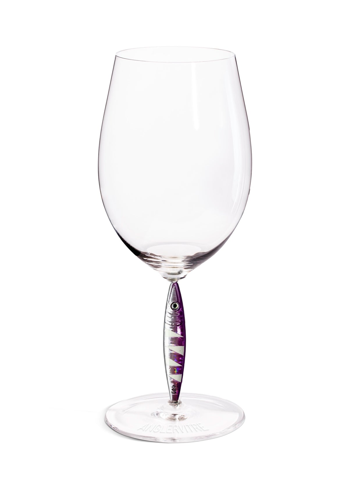 AnglerVitre wine glasses with purple fishing lure stem