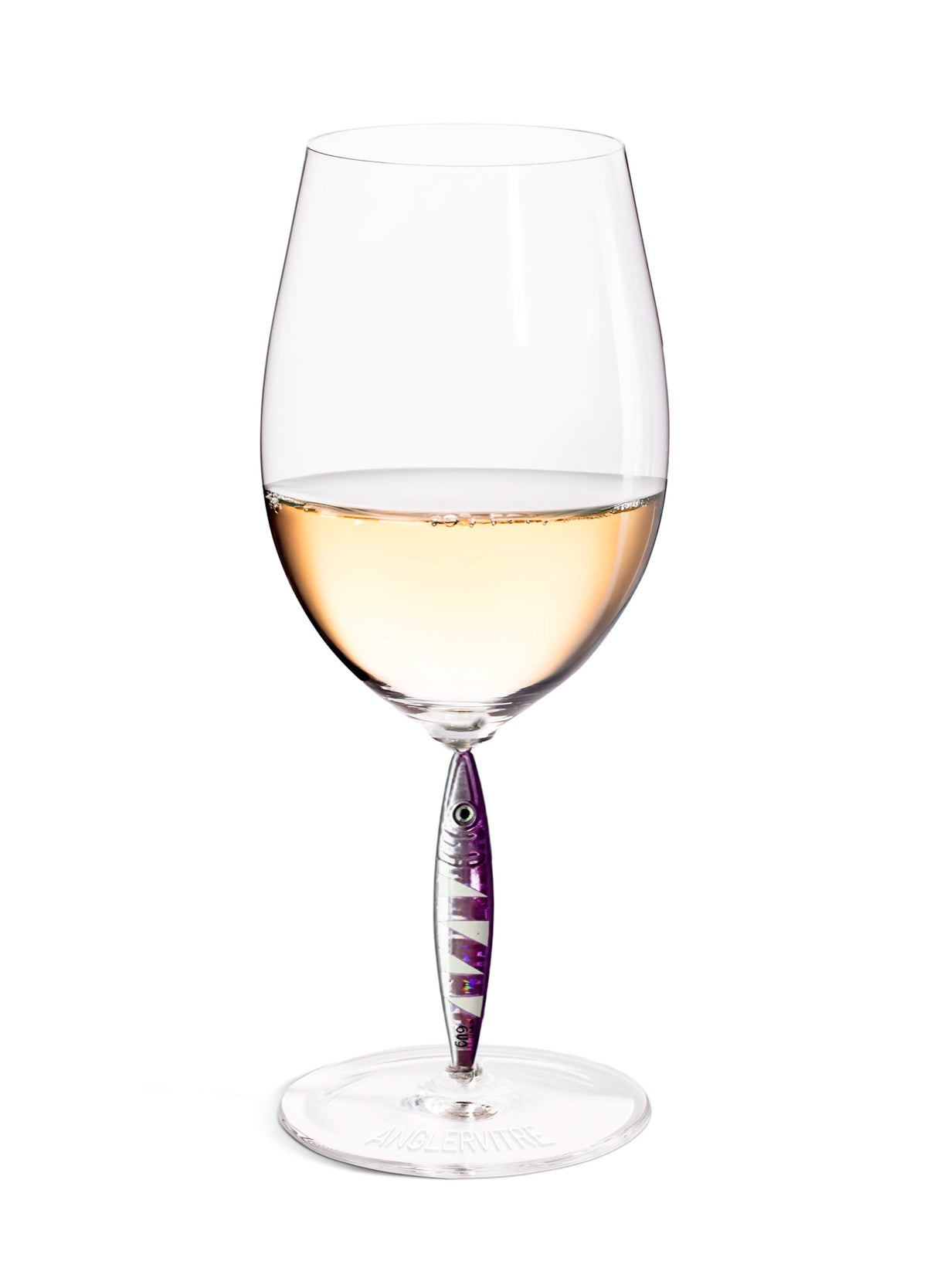 AnglerVitre wine glasses with purple fishing lure stem