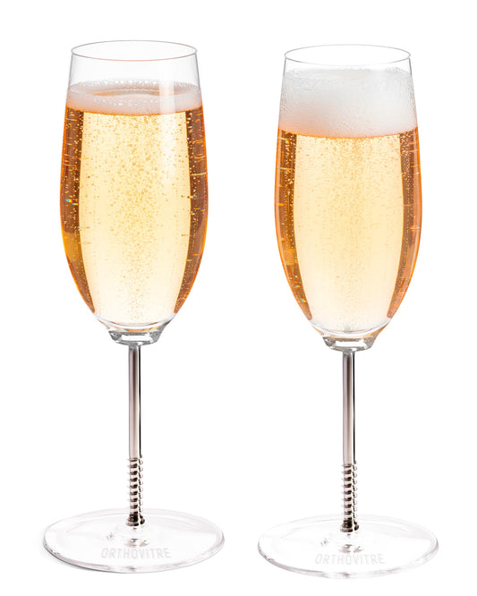 OrthoVitre Crystal & Steel Champagne Glass Pair – Luxury Flutes with Stainless Steel Stem, Perfect for Celebrations & Gifting